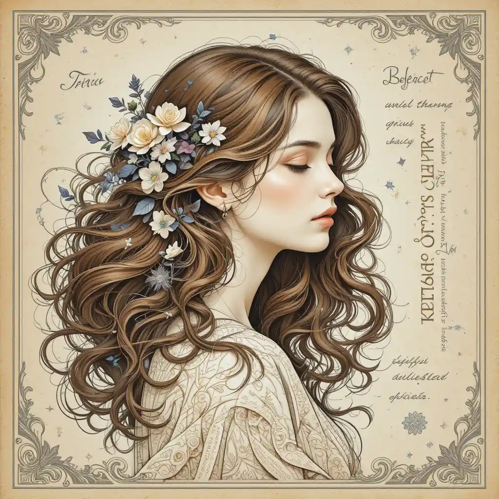 Elegantes Seitenprofil-Porträt eines Mädchens mit Blumen im Haar