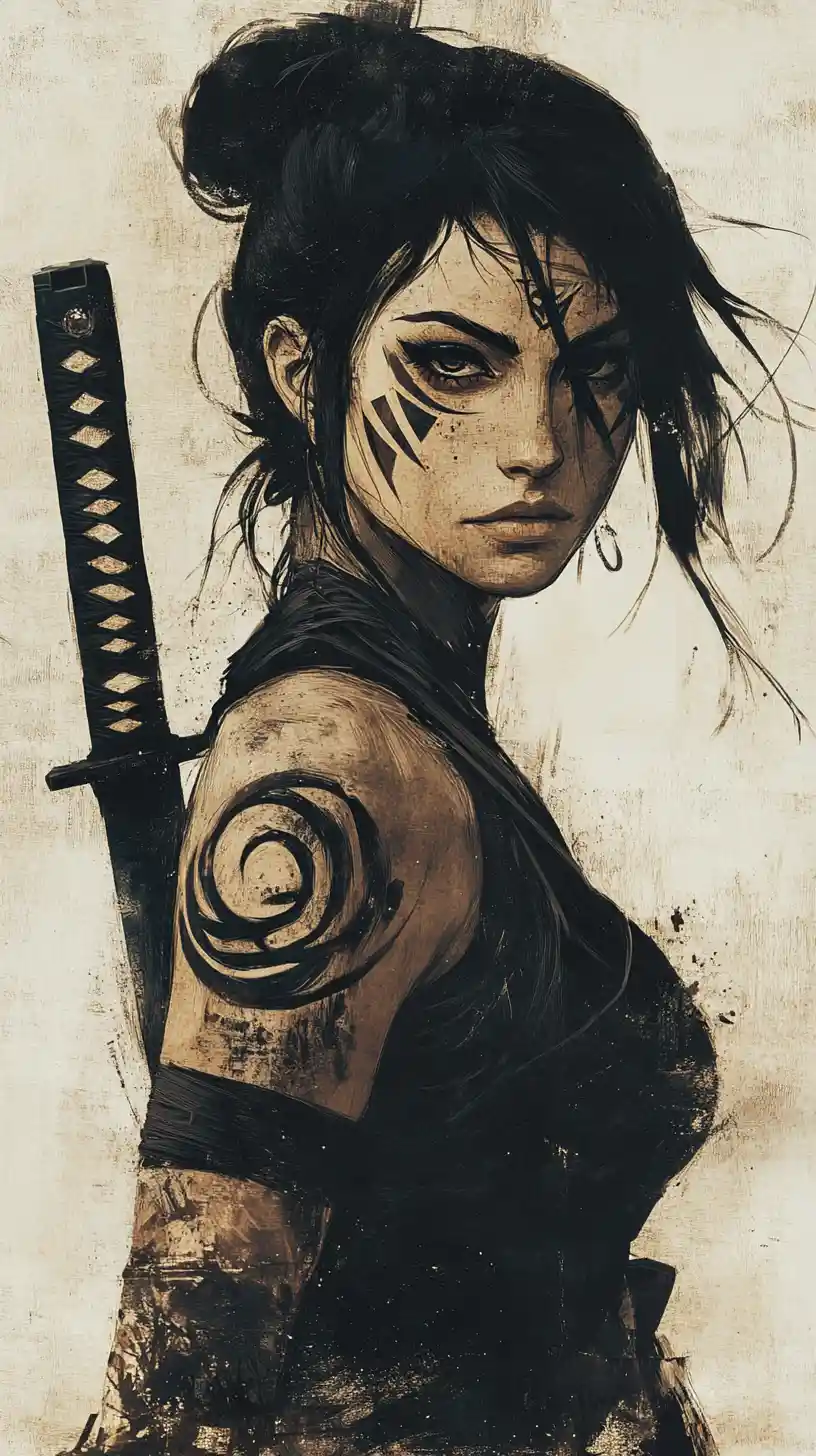 Tattooed warrior woman with katana in monochrome ink portrait
