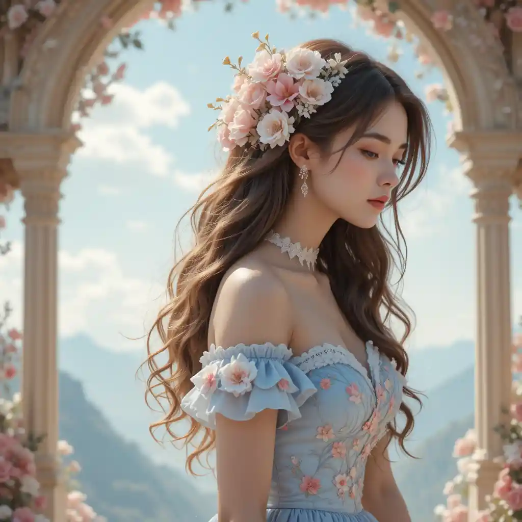 Giovane donna in abito blu con corona di fiori tra i capelli