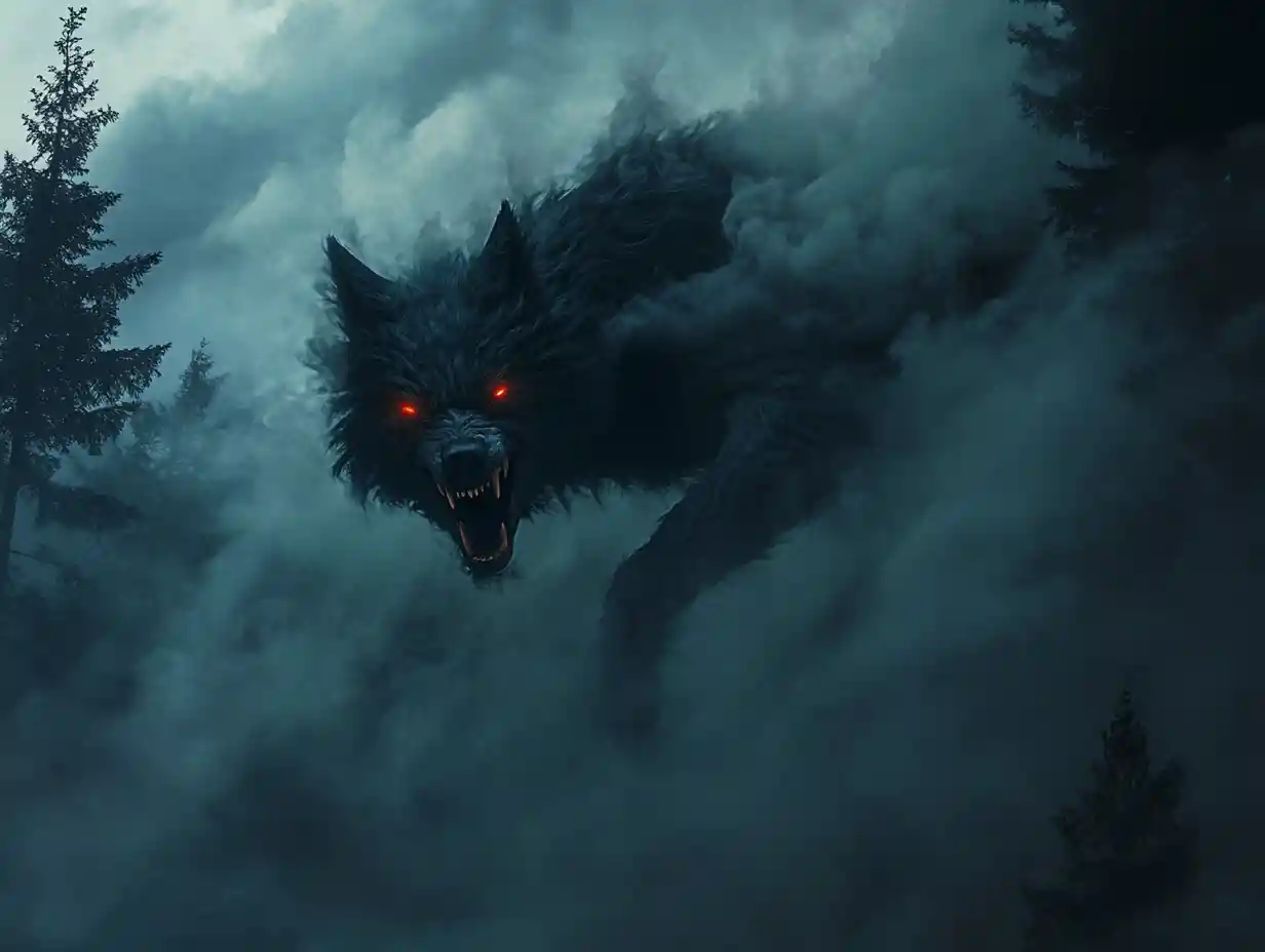 Rauchgeformter Wolf, der in einem nebligen mondbeschienenen Wald zuschlägt
