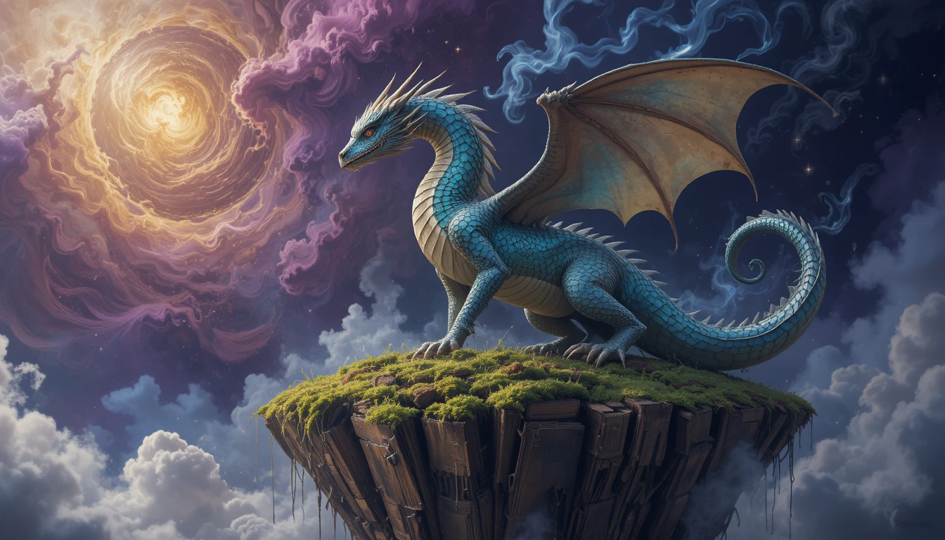 Majestic dragon on a floating island of ancient books