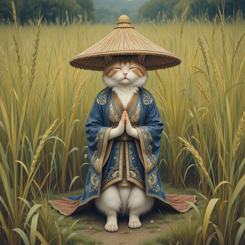 Meditating cat in robe and conical hat in rice field