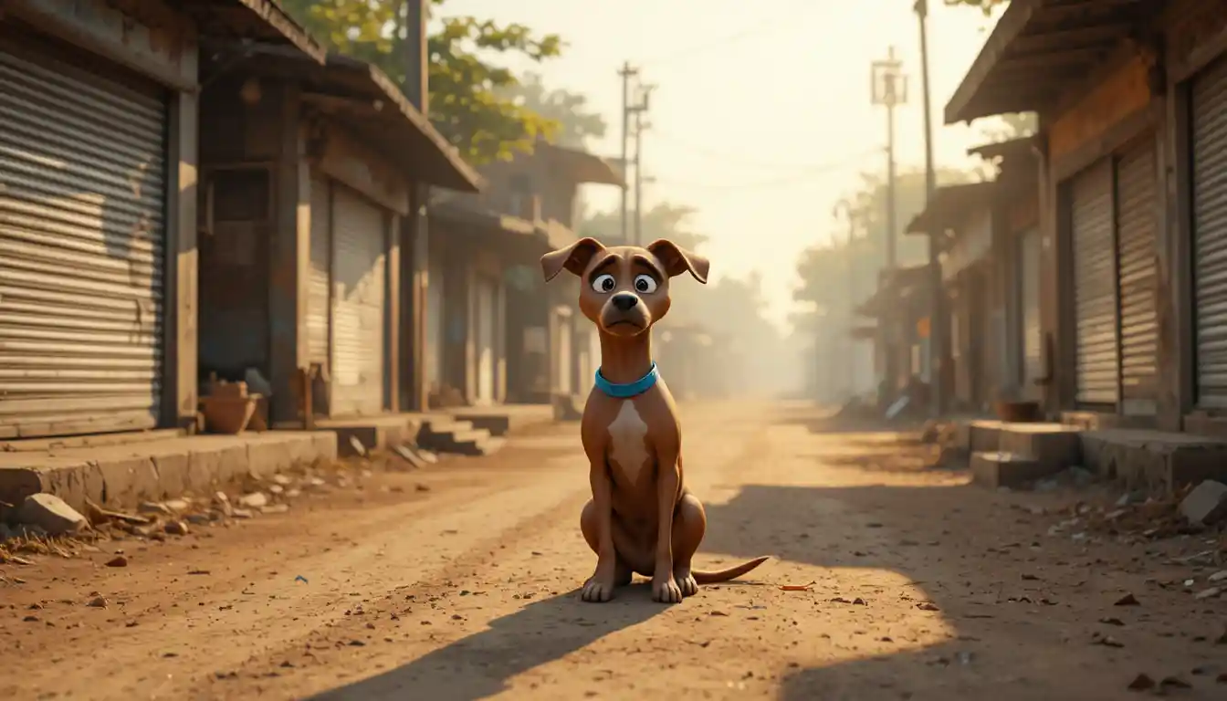 Lonely brown dog on a quiet village street at dawn
