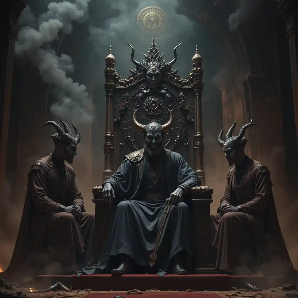 Satan auf seinem Thron trifft menschliche Verführer in der Dunkelheit