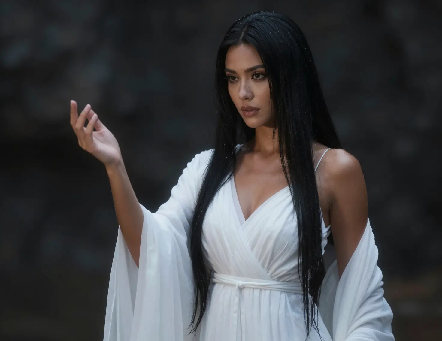 白いローブをまとう黒髪の神秘的な女魔術師