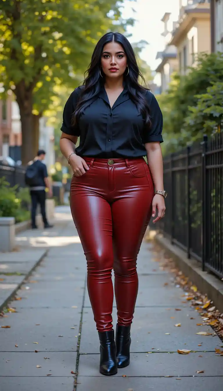 Curvy woman in red leather pants on suburban sidewalk