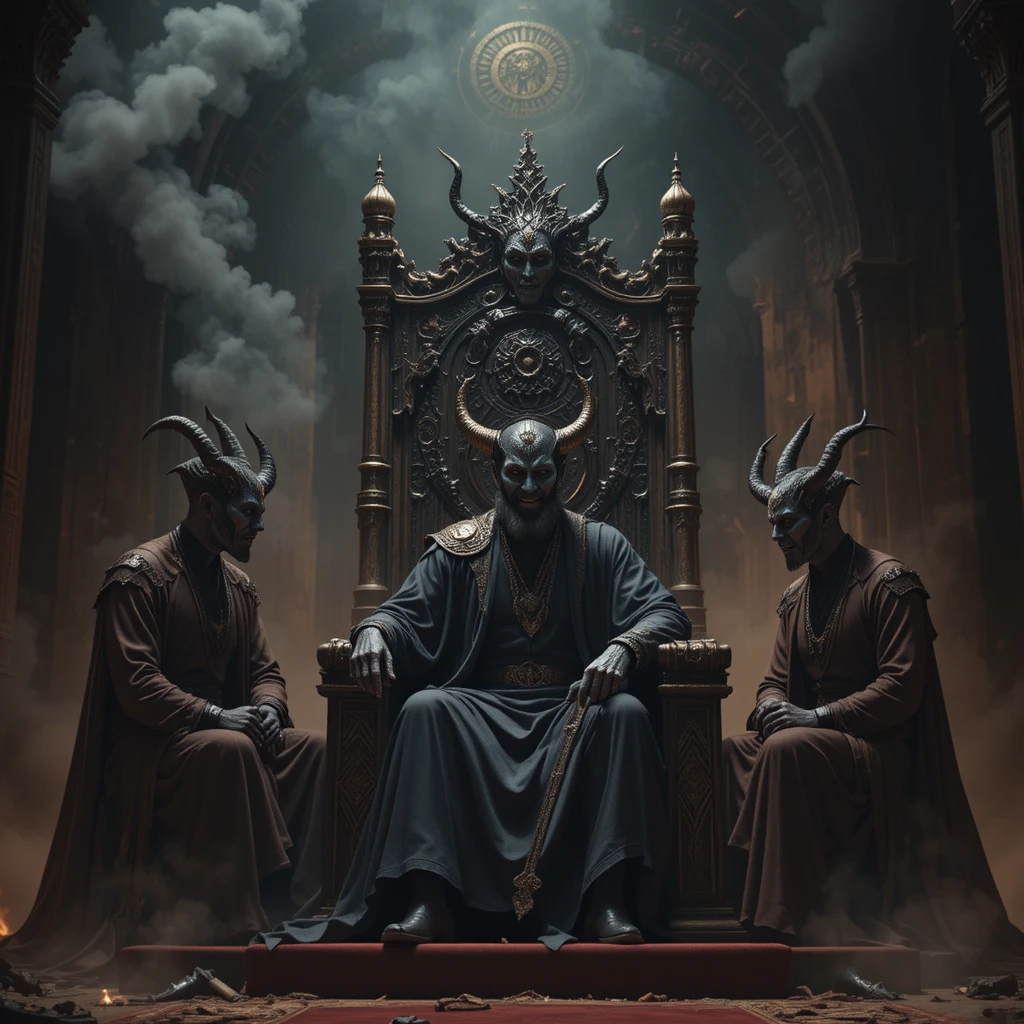 Satan auf seinem Thron trifft menschliche Verführer in der Dunkelheit