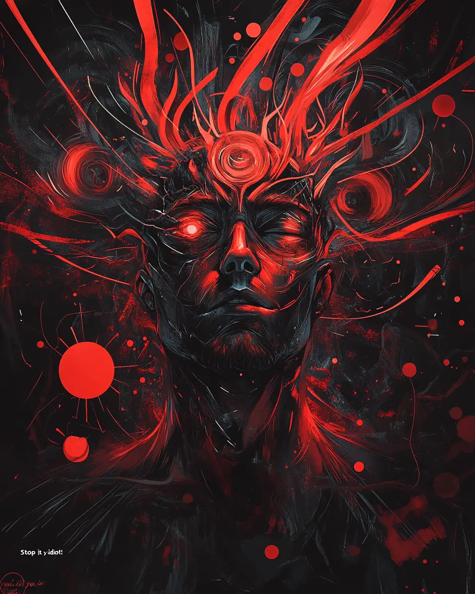 Abstract anime brain illustration with intense emotional message