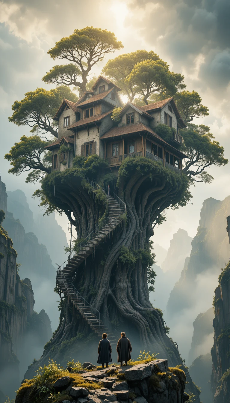 Uraltes Fantasy-Baumhaus über nebelverhangenen Klippen