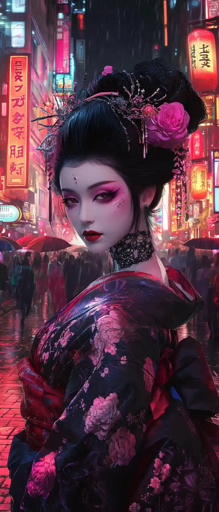 Geisha like woman in neon lit futuristic city street