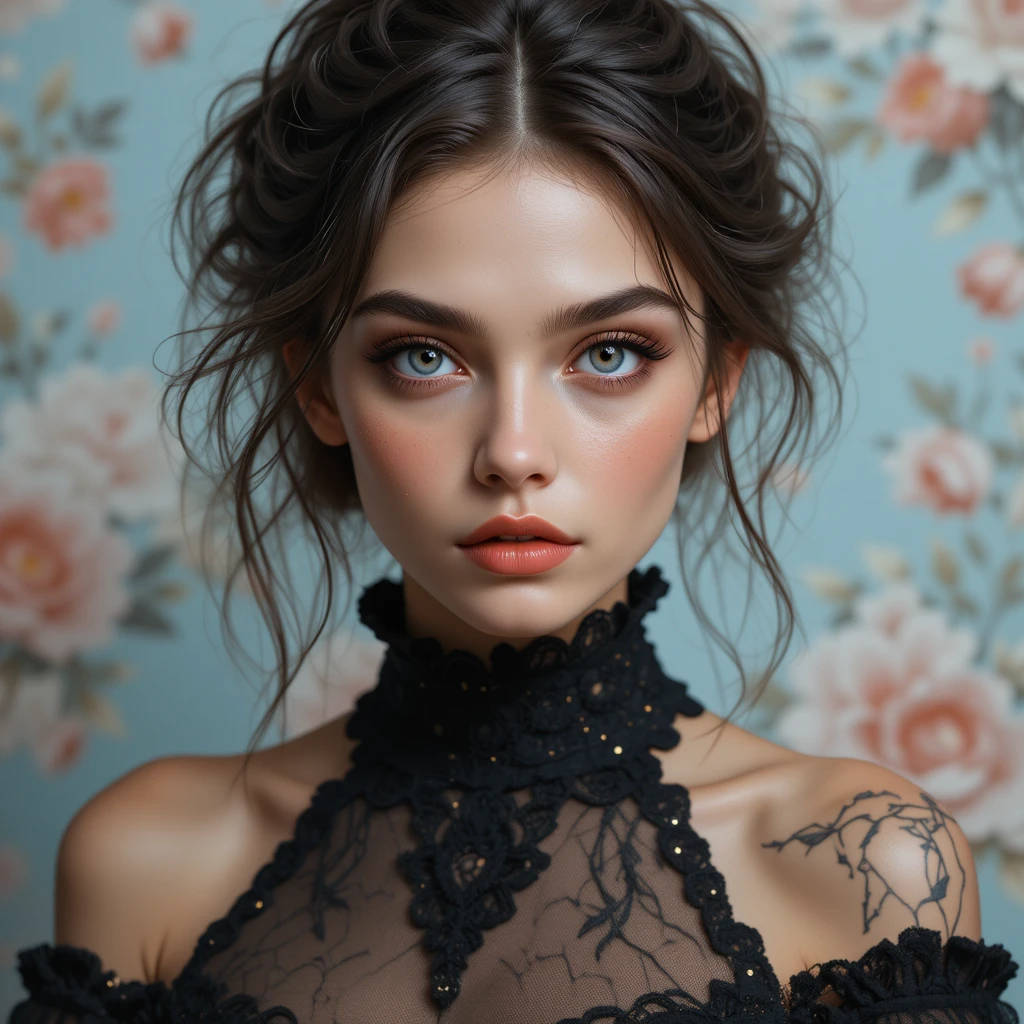 Mystical blue eyed girl in black lace with floral backdrop
