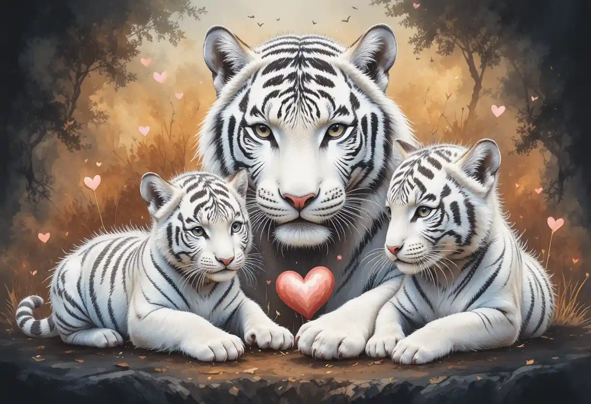 White tiger mother cuddling two blue eyed cubs