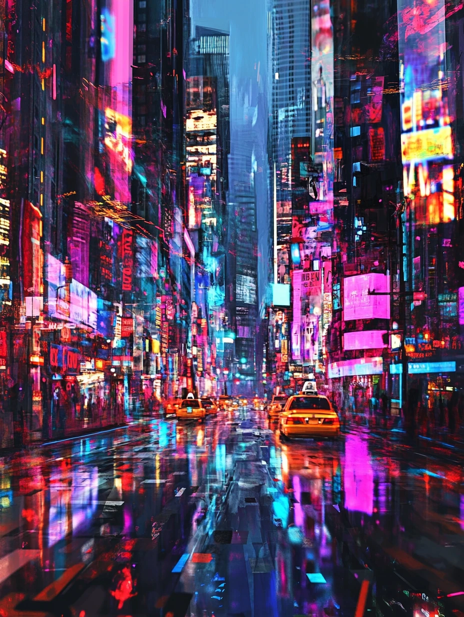 Vibrant abstract cityscape with glowing urban lights