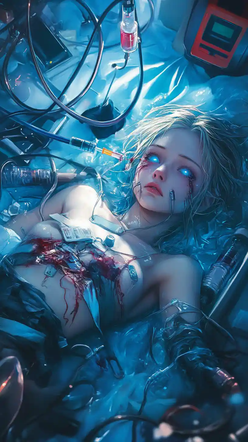 Injured anime woman amid surreal medical equipment