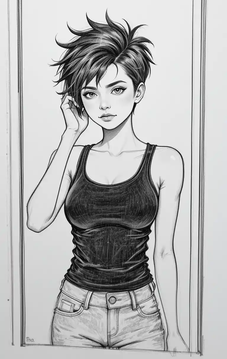 Teen girl in mirror with messy pixie cut and sad gaze