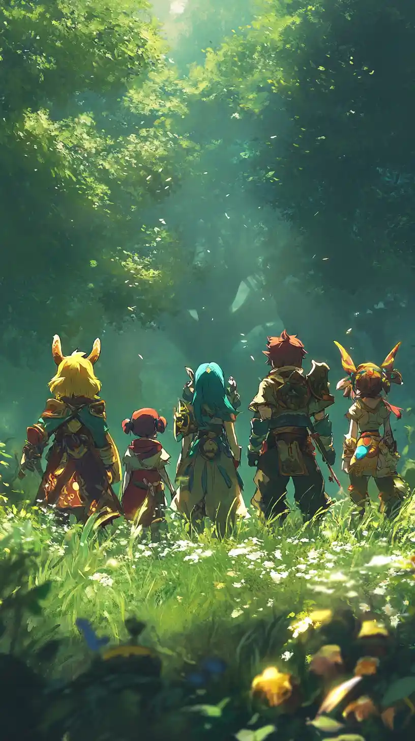 Five anime adventurers in a lush emerald fantasy field