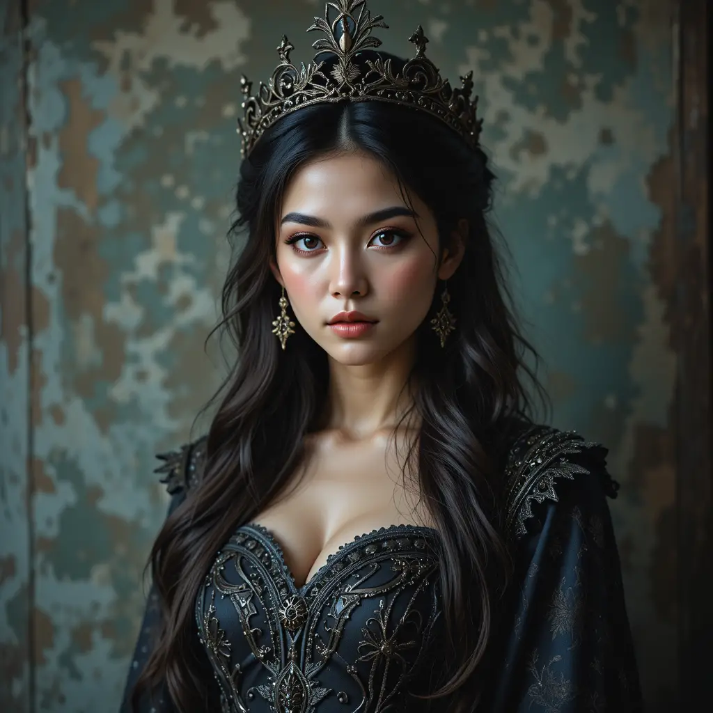 Jeune femme asiatique avec couronne ornée et robe sombre brodée