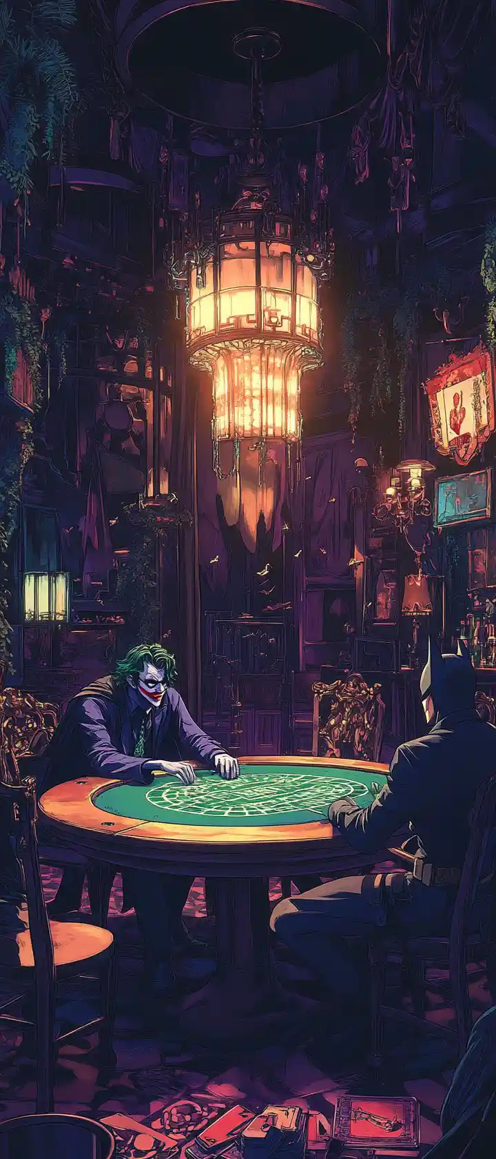 Anime style villains playing poker in a dark casino