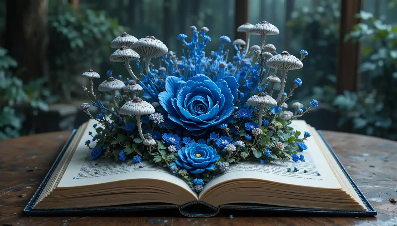 Open book on a table with surreal alien botanicals