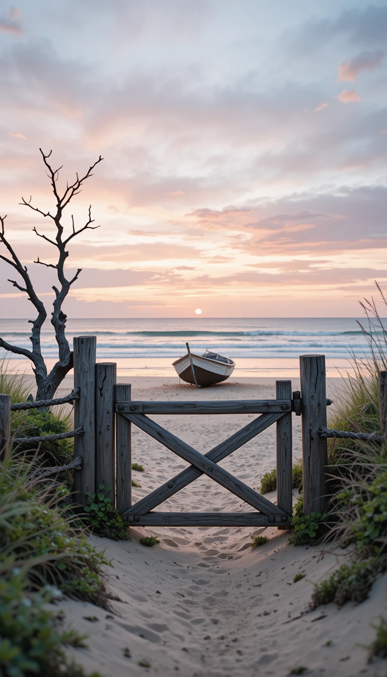 Cancello di legno consumato che conduce a una tranquilla spiaggia al tramonto