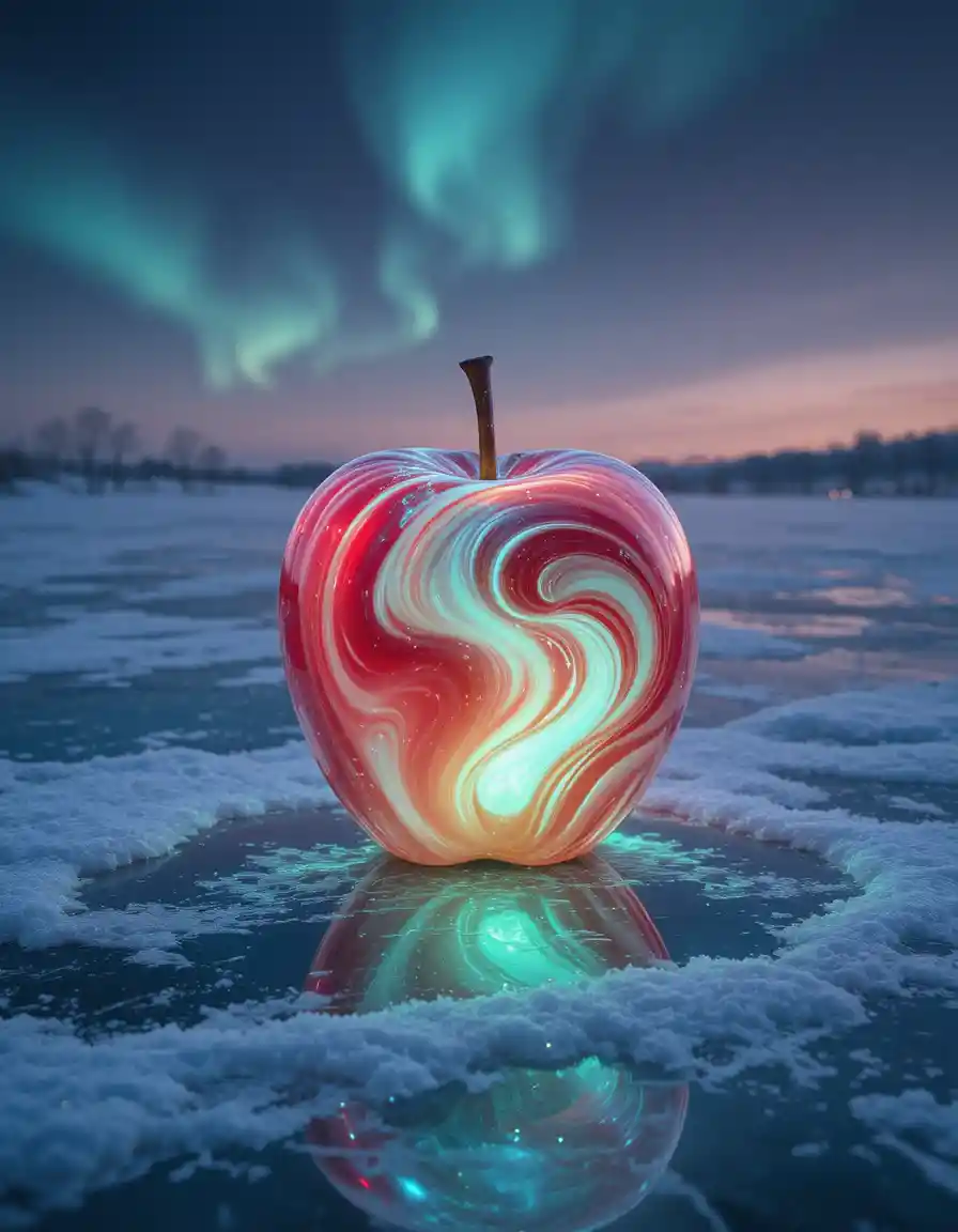 Glowing Glass Apple On Snowy Frozen Lake At Twilight