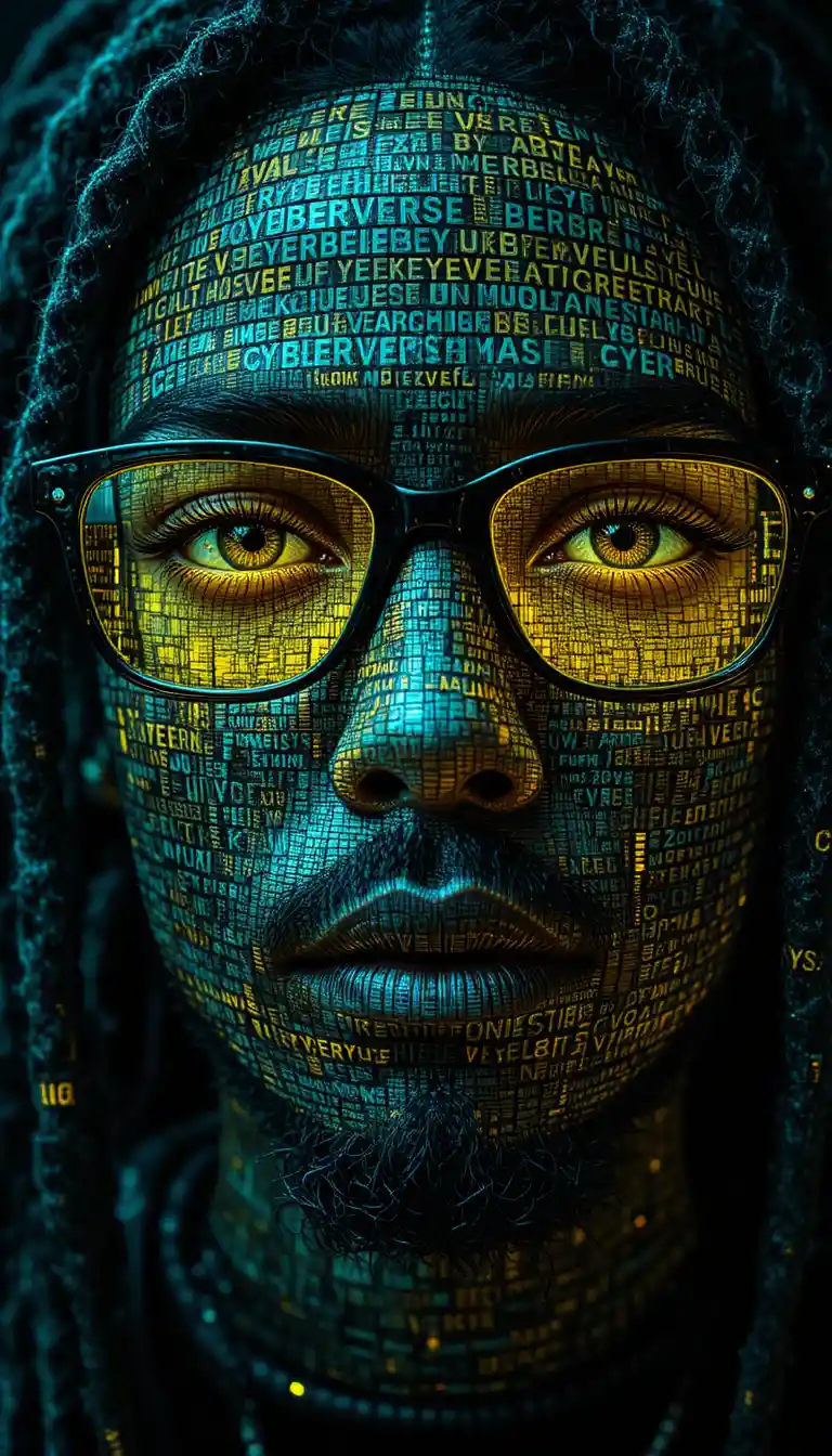 Retrato cyberpunk creado a partir de texto digital repetido