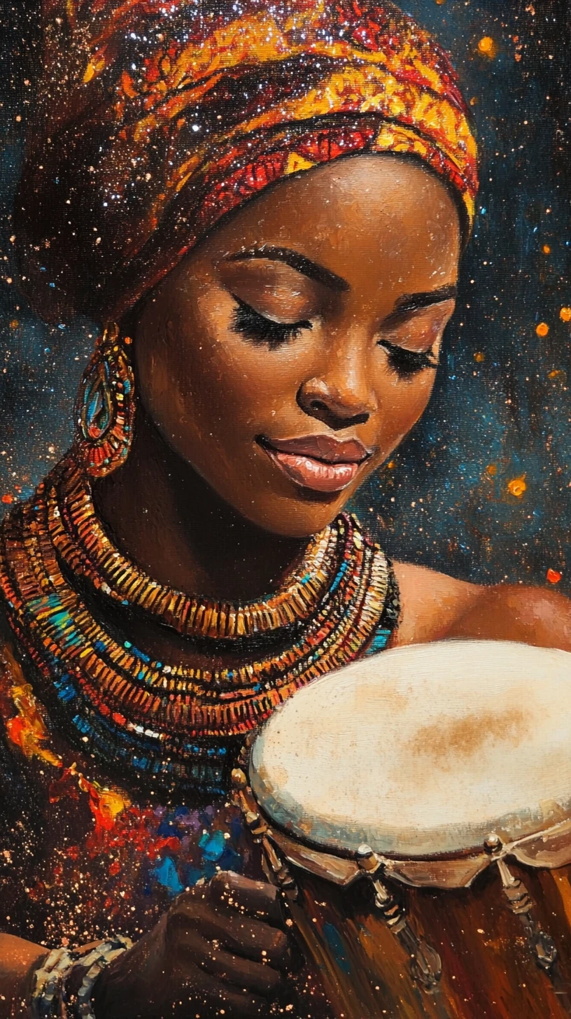 African woman in traditional attire playing bongo drums