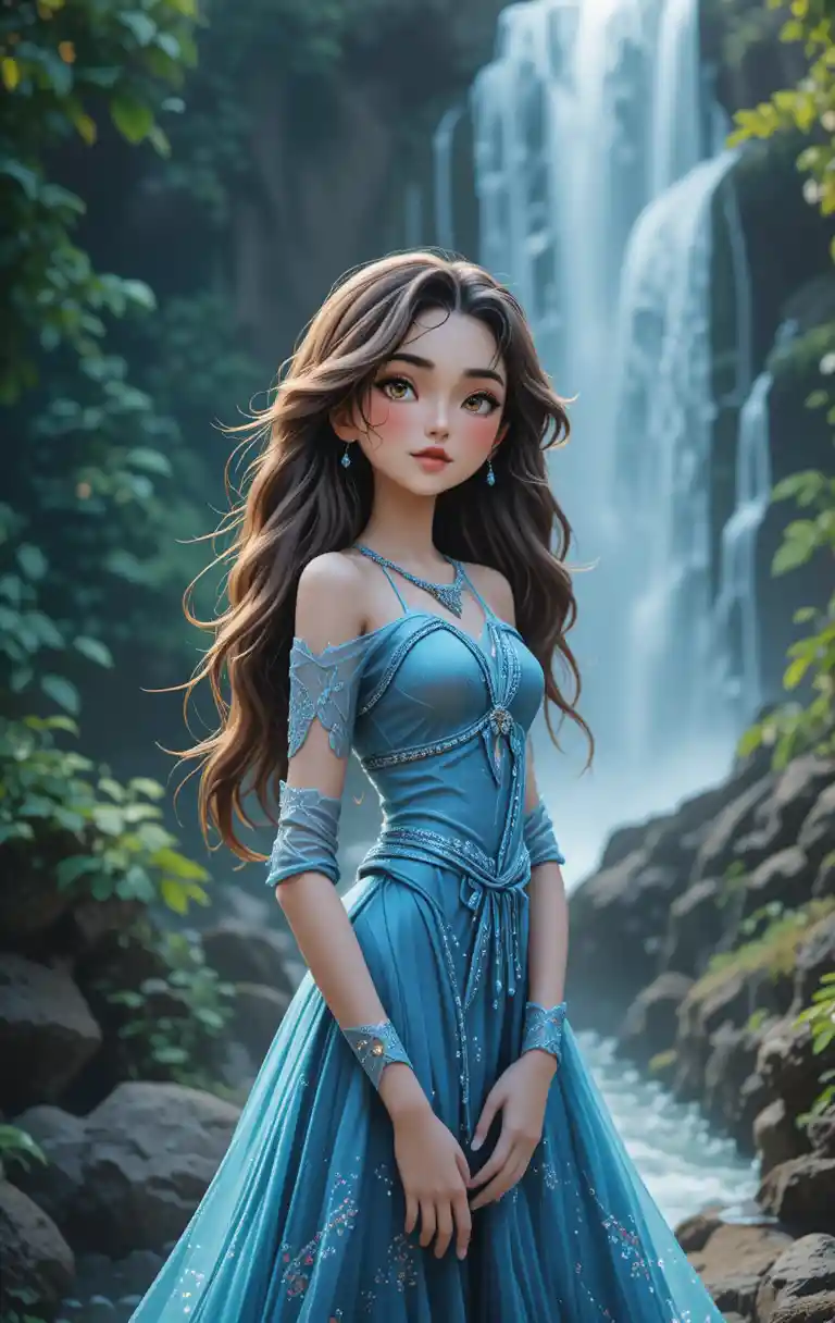 Junge Frau im blauen Kleid vor einem mächtigen Wasserfall