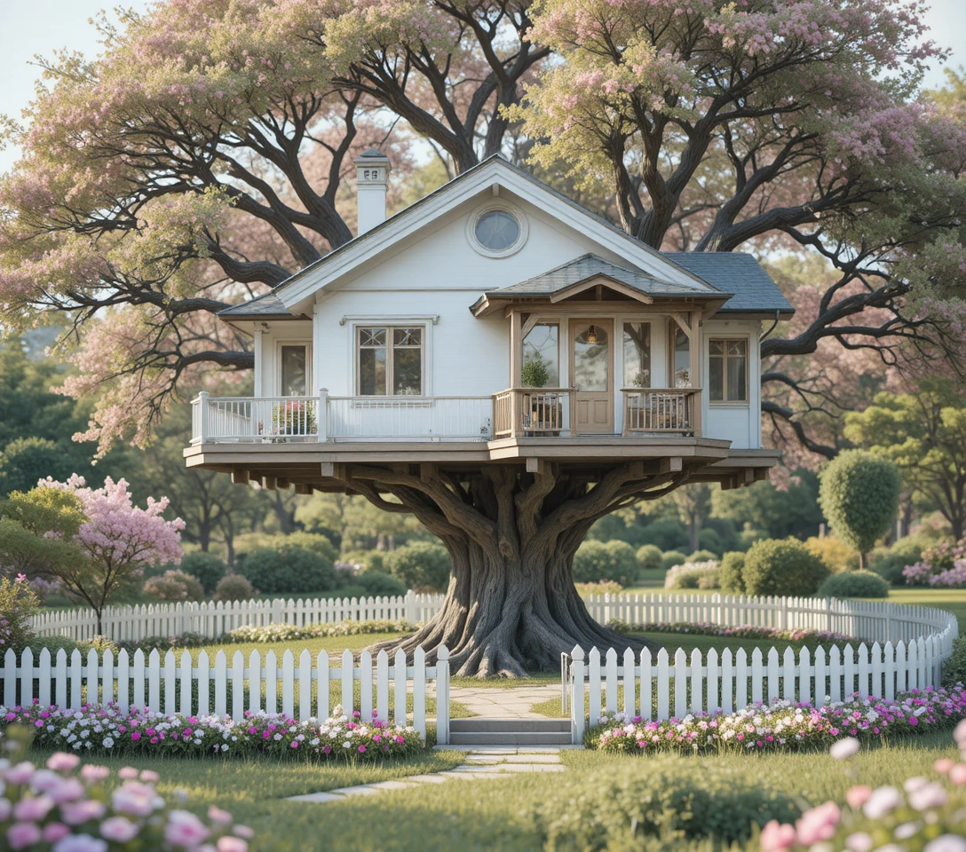 Weißes Baumhaus neben einem Haus im koreanischen Stil im Garten