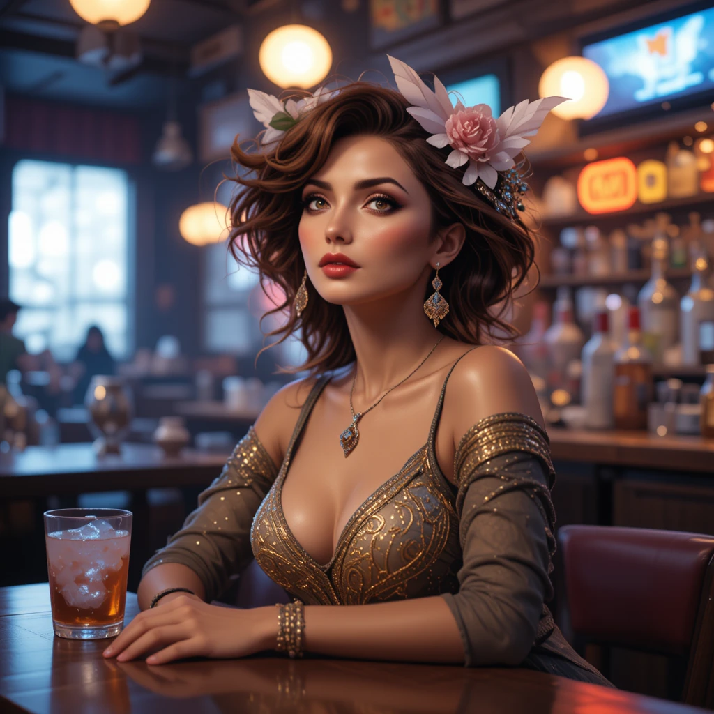 Woman sitting alone at a bar table interior