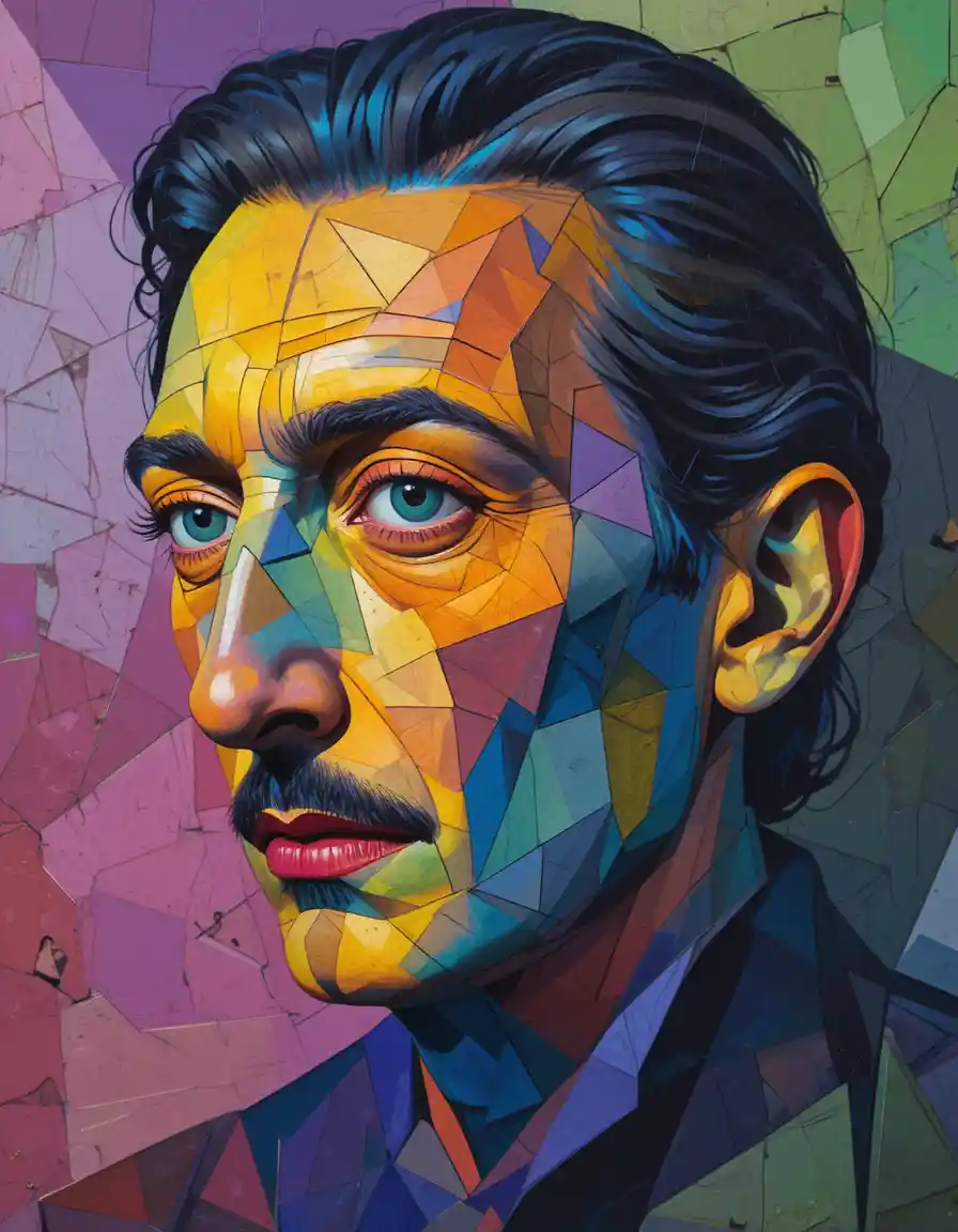 Cubist human portrait fragmented into colorful geometric planes