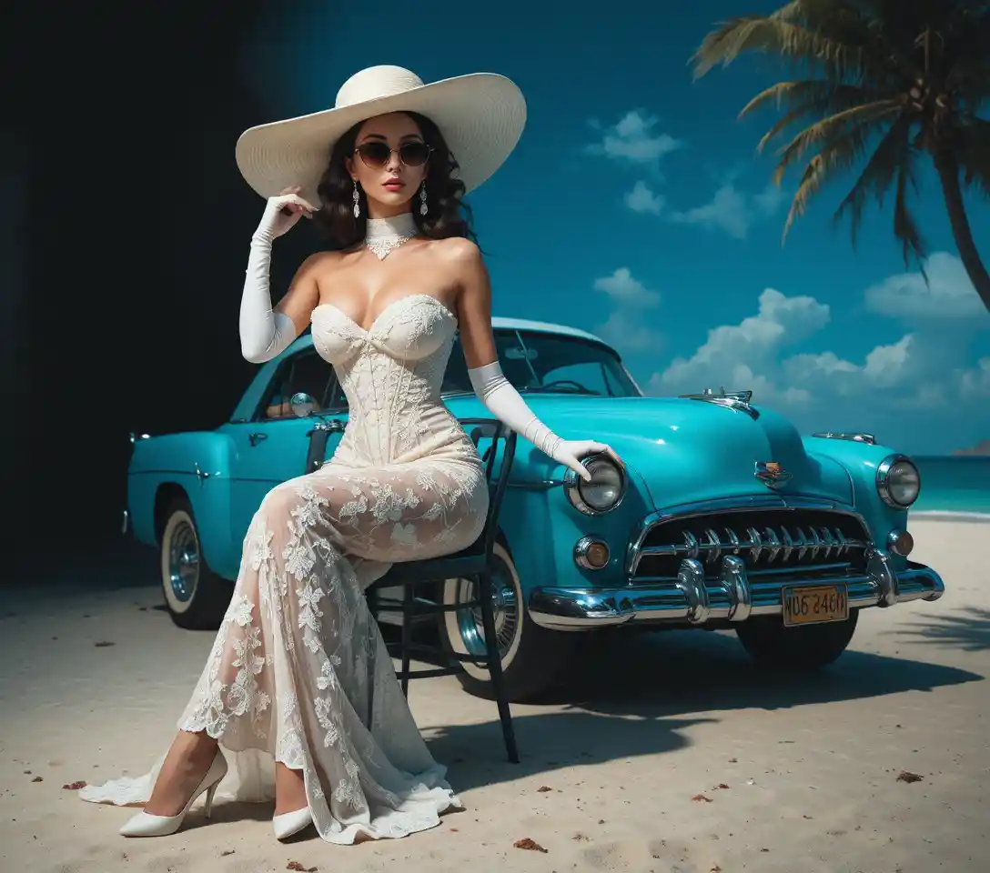 Elegante mujer de cabaré con chistera y corsé en pose