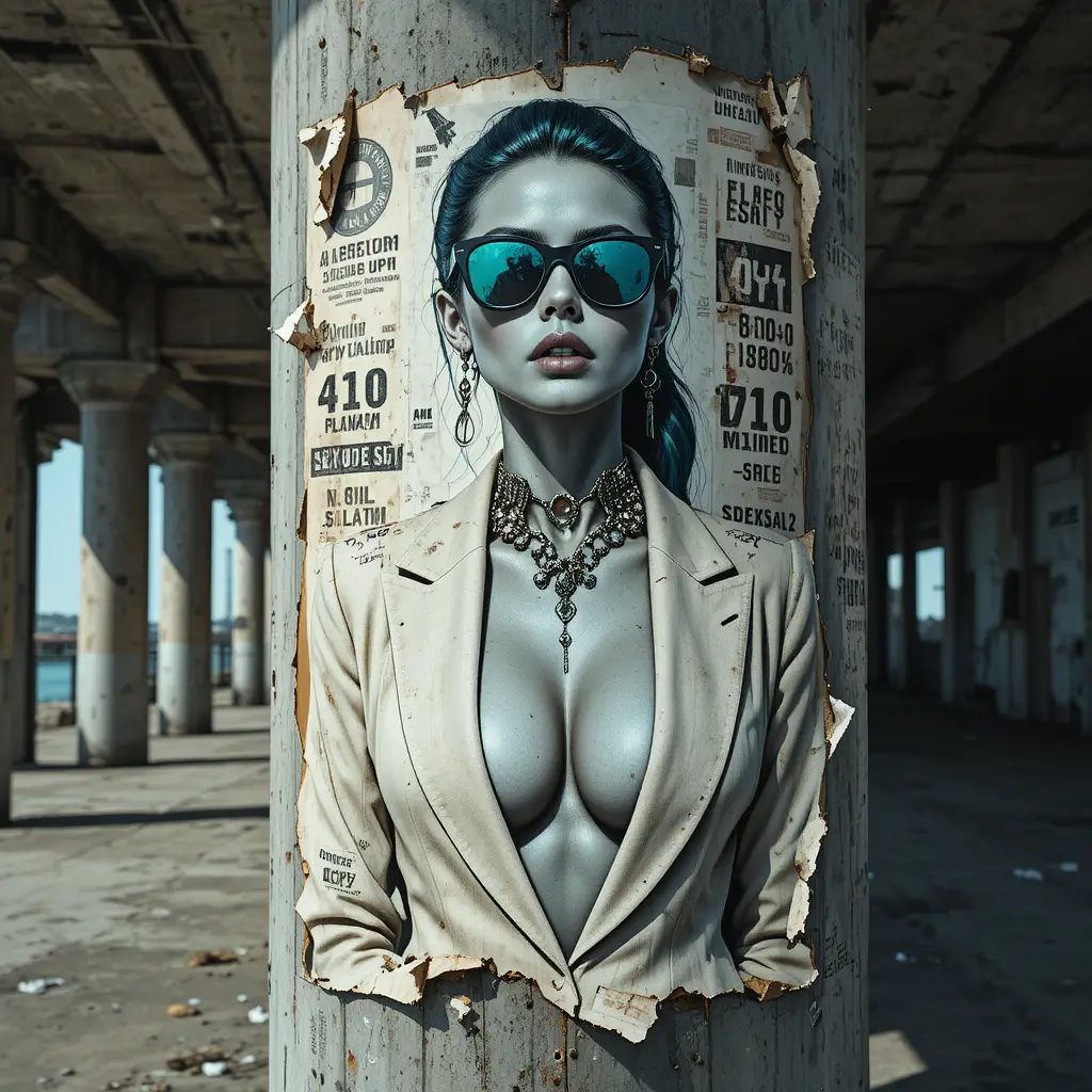 Torn street poster of a noir femme fatale on pillar