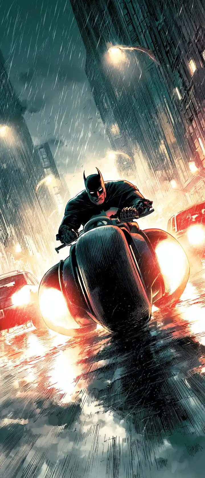 Batman racing on a futuristic bike through rainy city streets