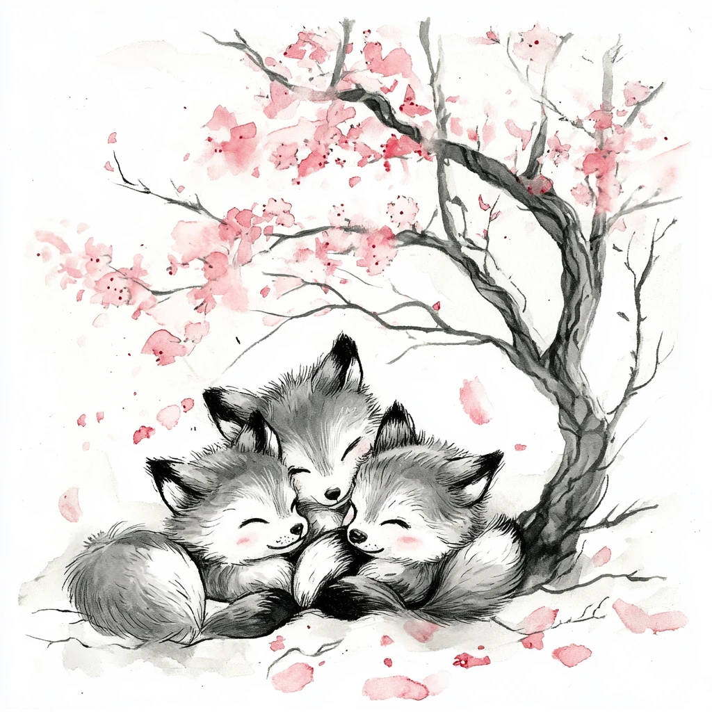 Playful fox kits cuddling beneath a blooming cherry tree
