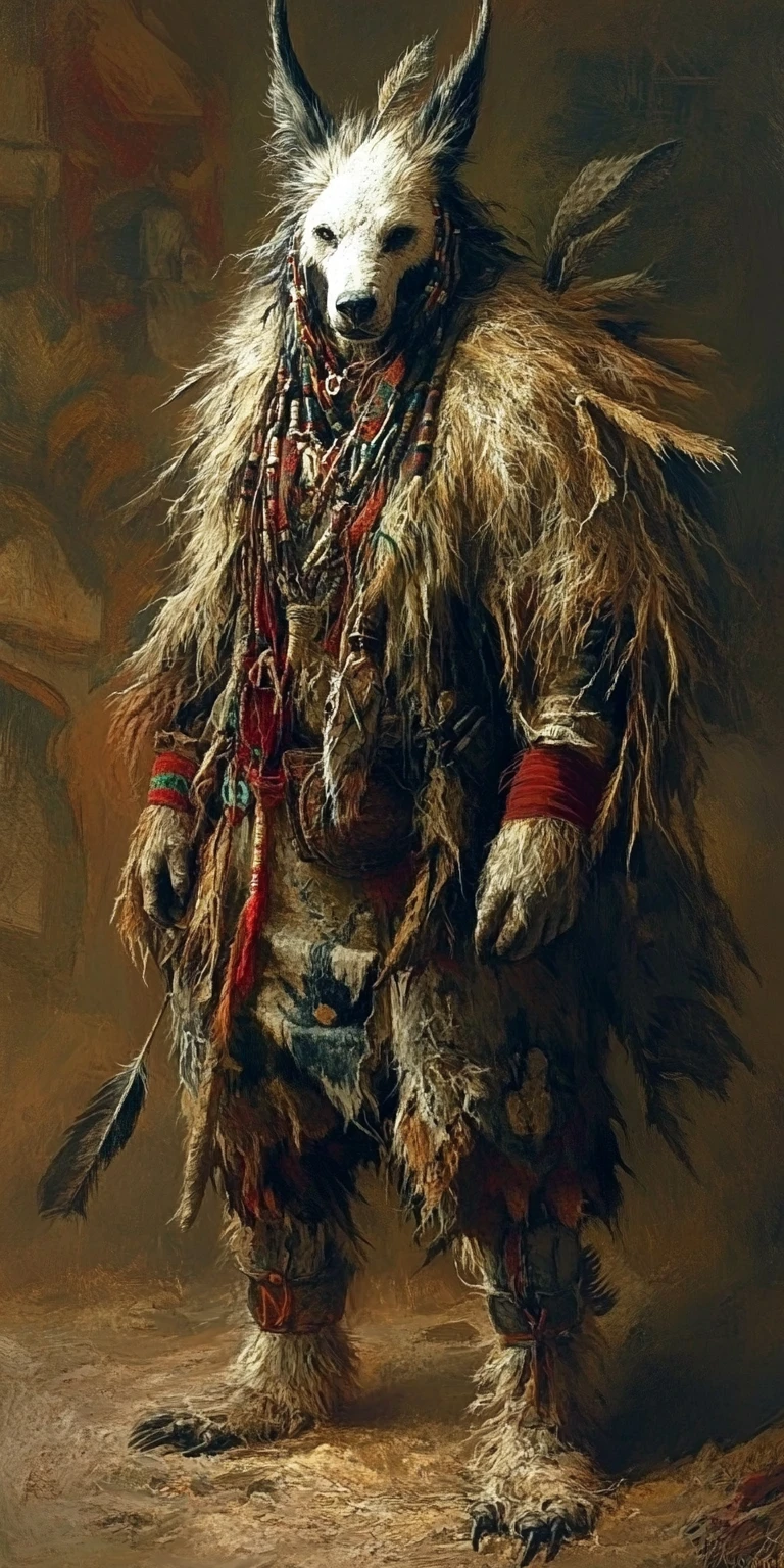 Ominous humanoid skin walker in a dark mythical landscape