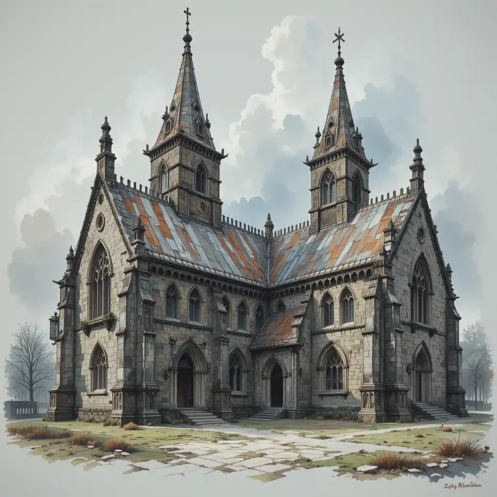 Medieval Celtic church architecture in moody mixed media painting