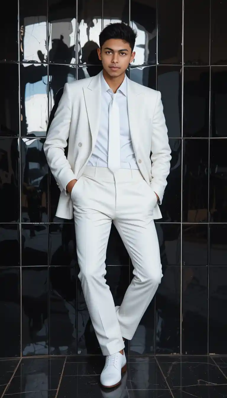 Woman in white suit leaning on glossy black tiled wall