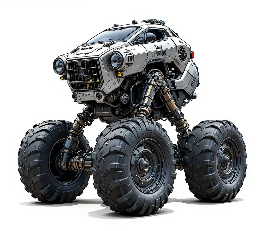 Futuristic hexapod robotic vehicle with rugged off road wheels
