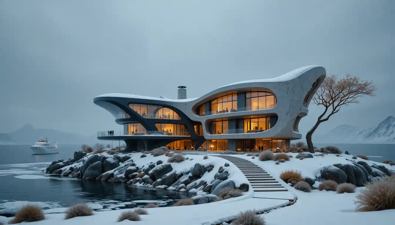 Villa futuristica minimalista con pareti di vetro nel deserto