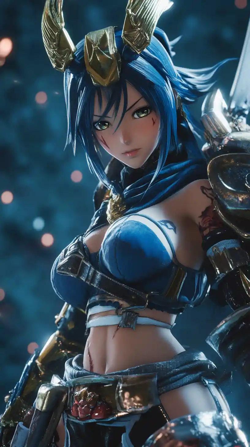 Close up of tattooed warrior woman with golden blue eyes