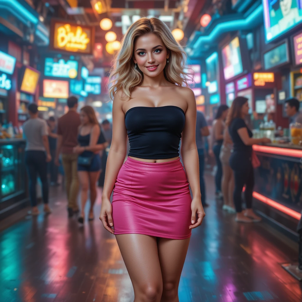 Confident woman with dwarfism in vibrant nightclub scene