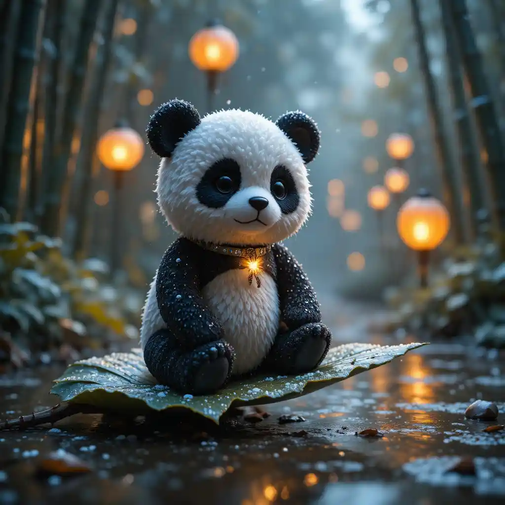 Fofo panda de pelúcia sobre folha molhada em floresta de inverno
