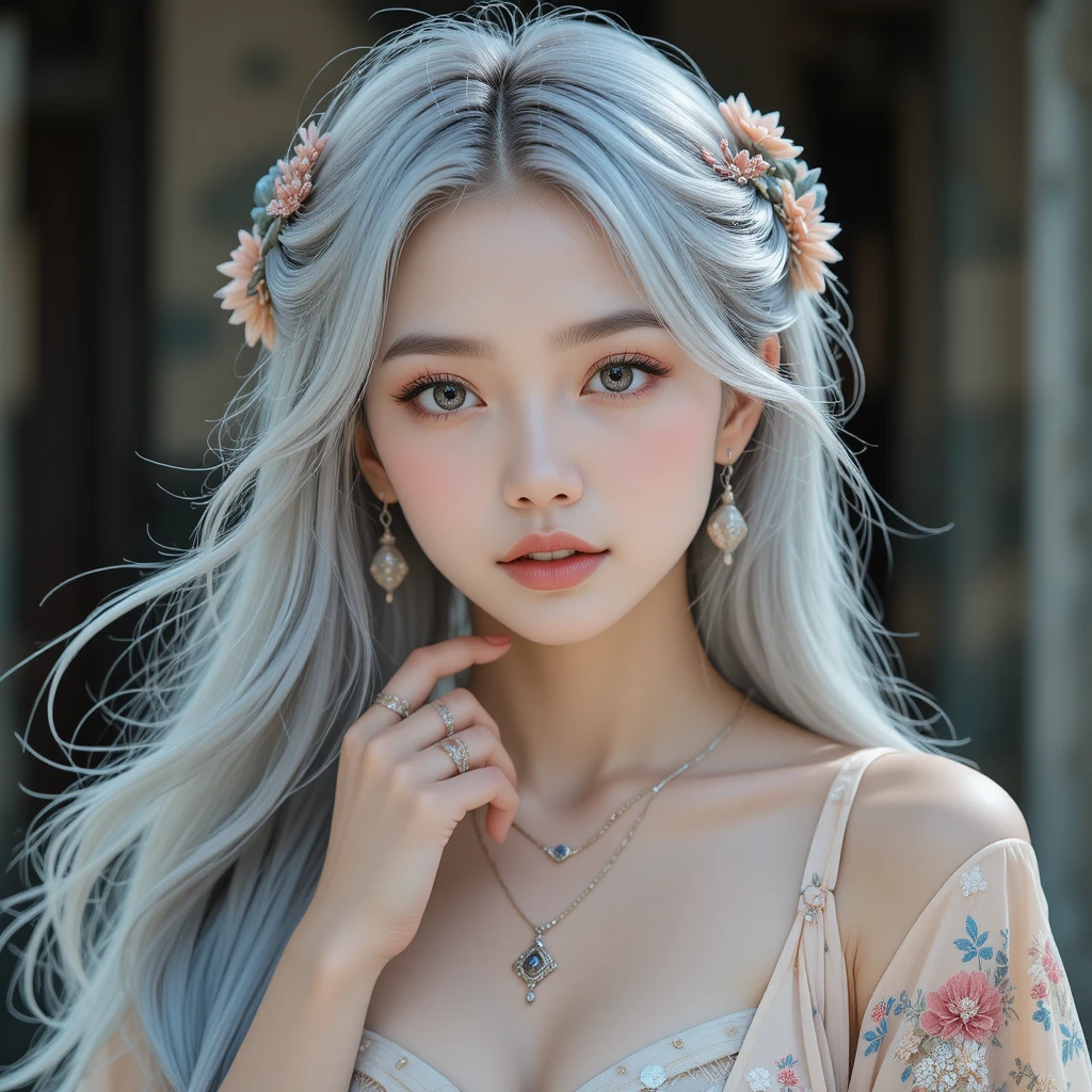 Young woman with silver hair in floral kimono portrait
