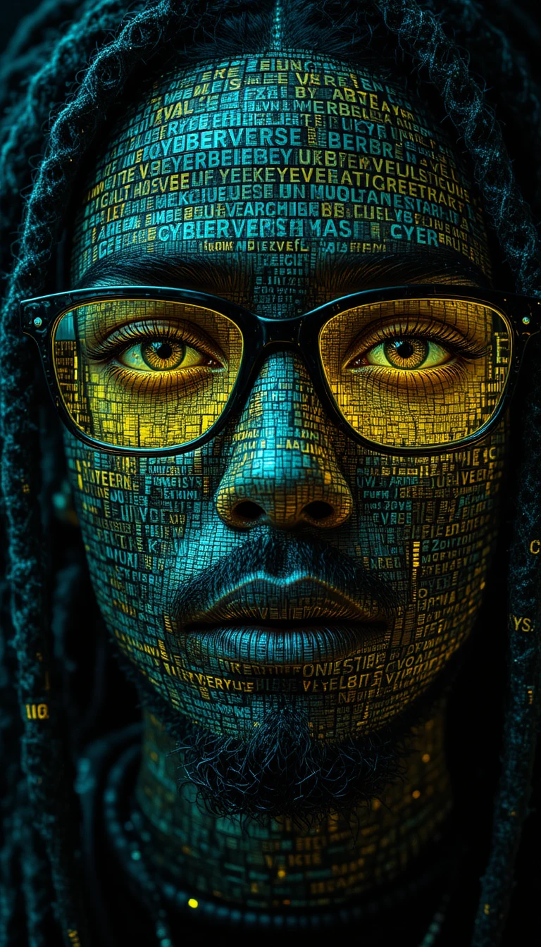 Cyberpunk portrait built from repeating digital text