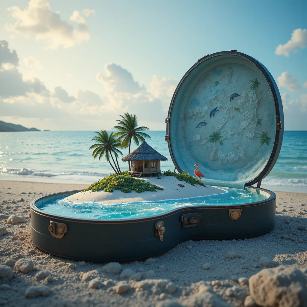 Miniature Tropical Island Inside An Open Guitar Case On The Shore