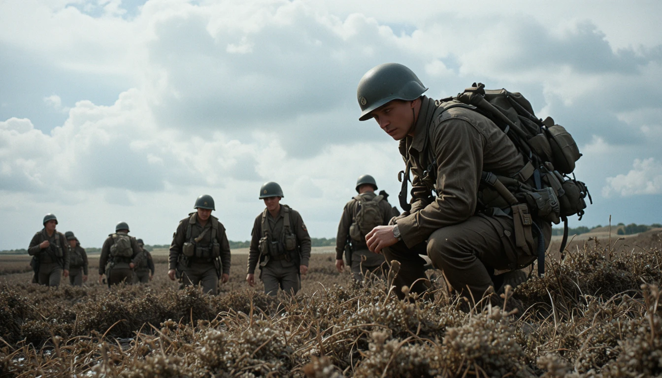 U.S. soldiers advance across a tense World War II battlefield