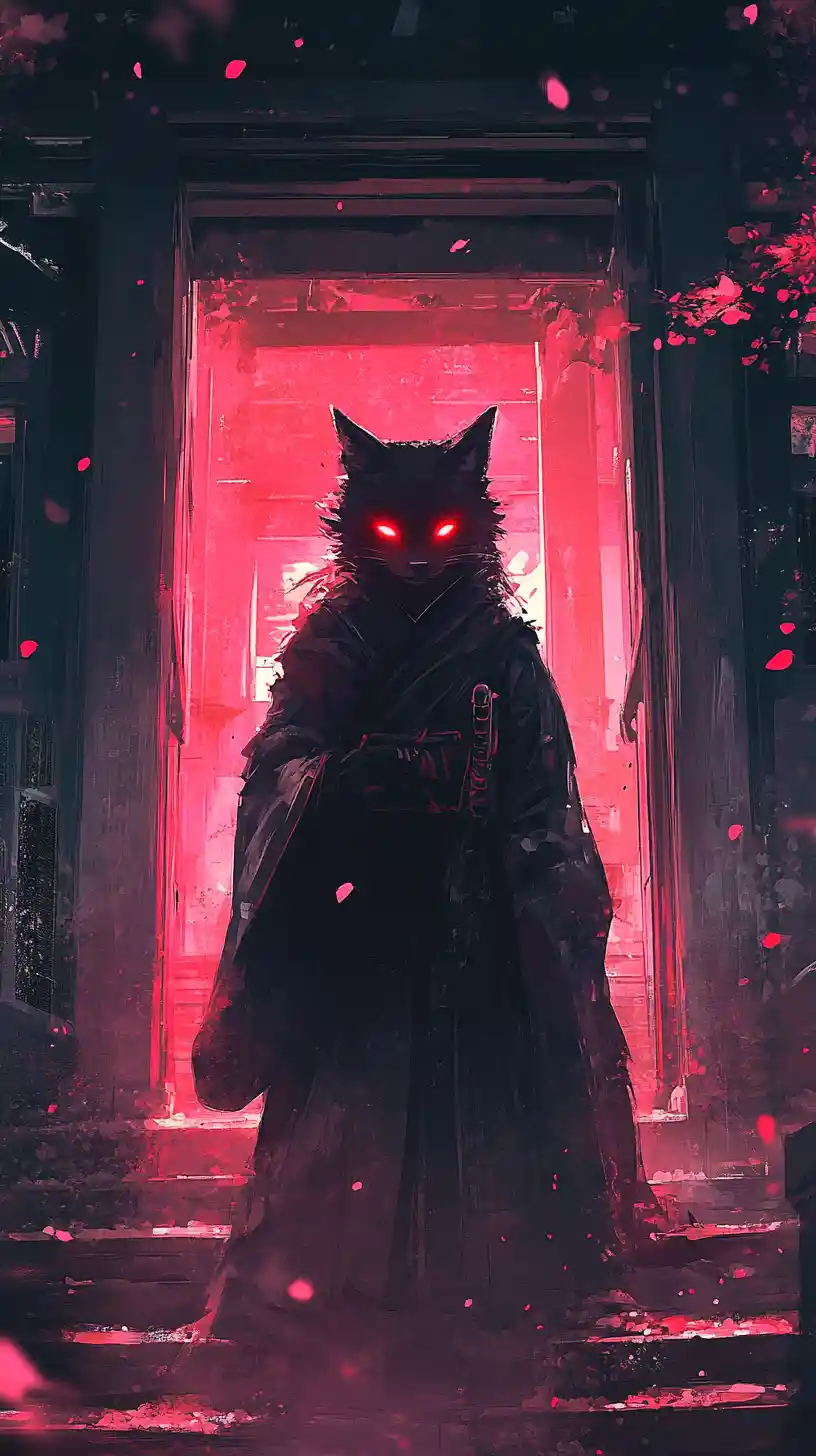 Kitsune spirit in a shadowed japanese temple doorway