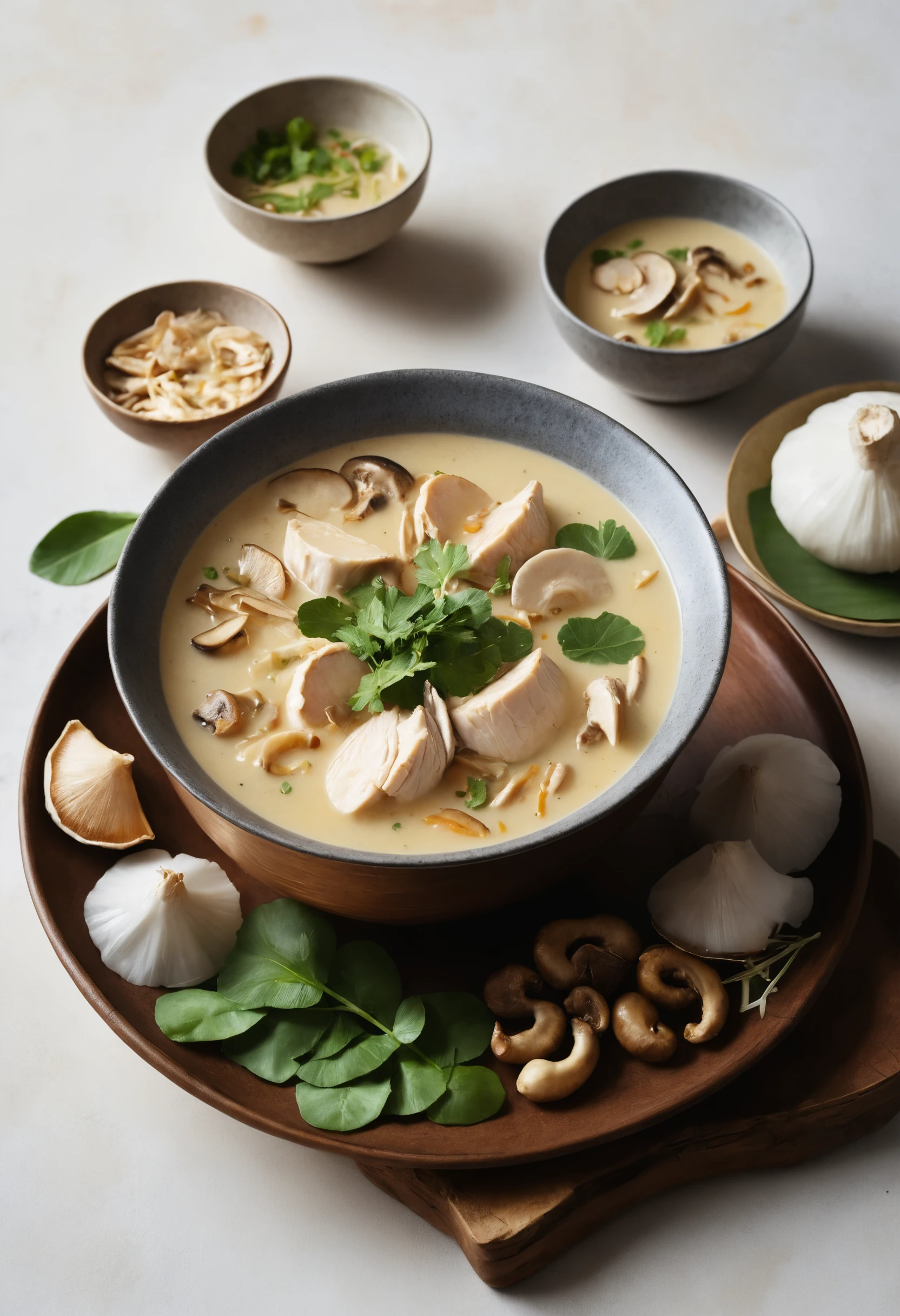 Steaming bowl of tom kha gai under warm market lanterns