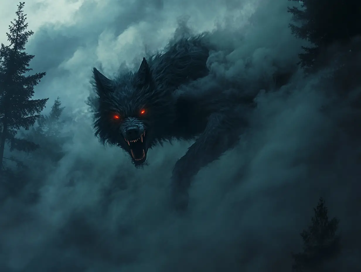 Rauchgeformter Wolf, der in einem nebligen mondbeschienenen Wald zuschlägt